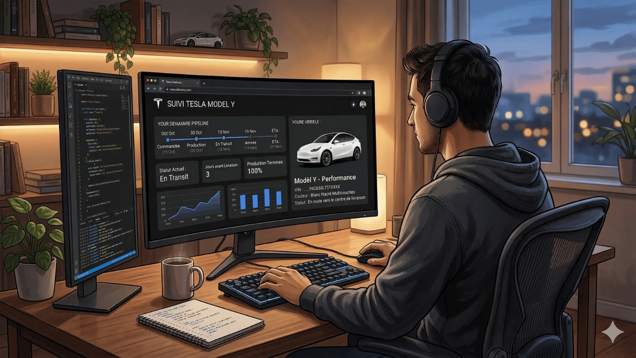 Tesla Model Y en attente de livraison avec tableau de suivi de livraison en arrière-plan